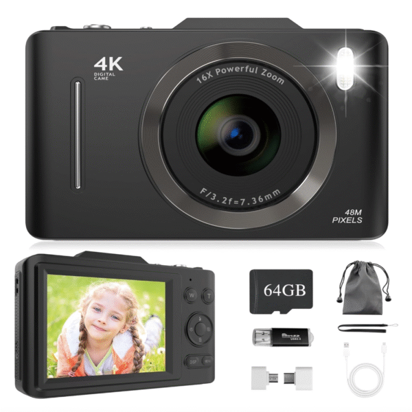 Digital Camera 4K with 64GB Memory Card for Photography